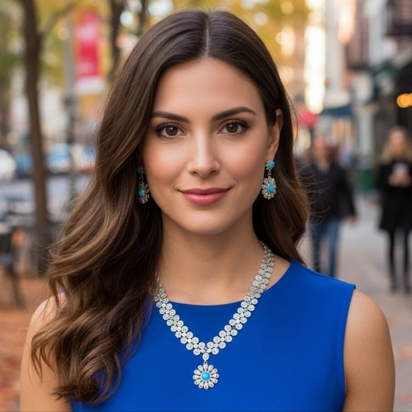 Vintage Style Boho Chic Stainless Steel Wide Flower Necklace Turquoise Accent - Picture 4 of 15